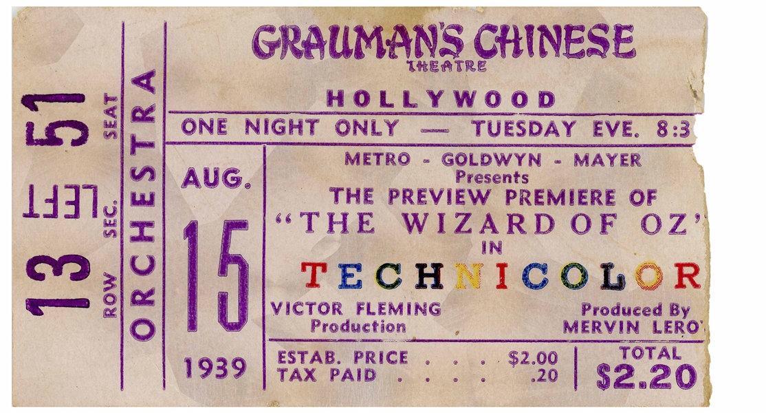 Ticket From ''The Wizard Of Oz'' Hollywood Premiere at Grauman's Chinese Theatre on 15 August 1939